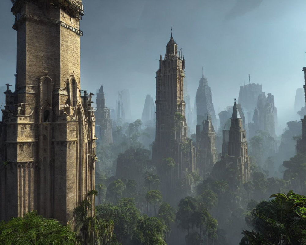 Mystical Gothic cityscape in dense jungle foliage