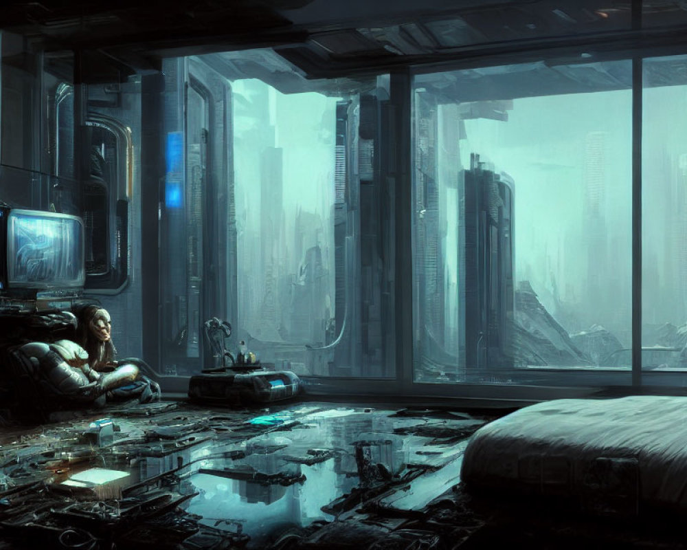 Contemplative person in futuristic room with dystopian cityscape view