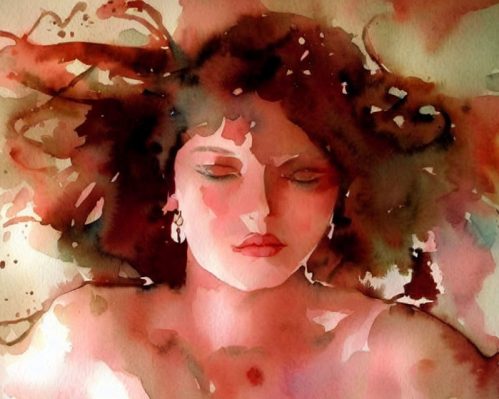 Portrait of person with closed eyes and flowing hair in abstract watercolor art