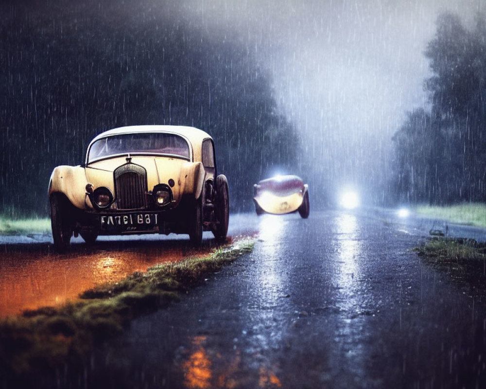 Classic Car with Exposed Engine in Rainy Night Scene