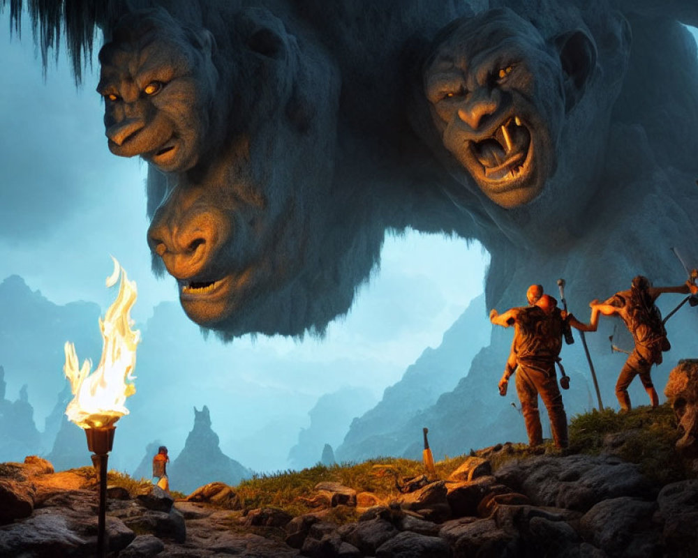Warrior-like animated characters face giant spectral lion faces in misty cave setting