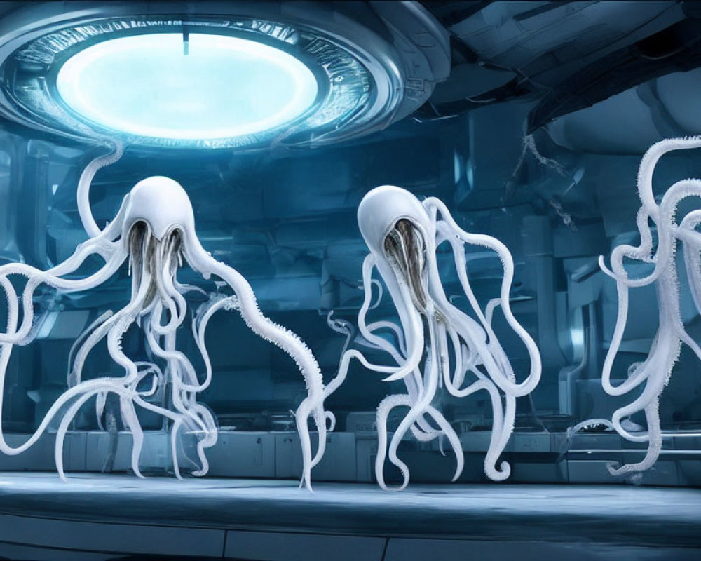 Futuristic laboratory with large floating jellyfish-like creatures