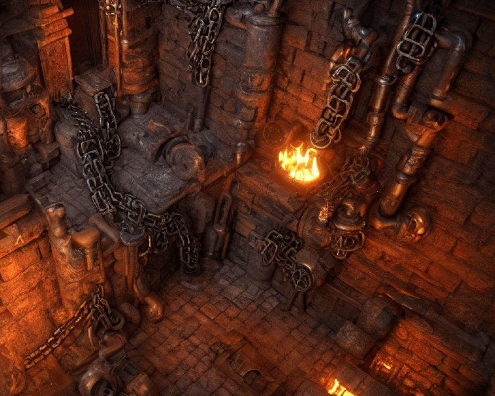 Dark dungeon with chains, stone walls, and fire pit