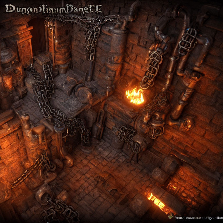 Dark dungeon with chains, stone walls, and fire pit