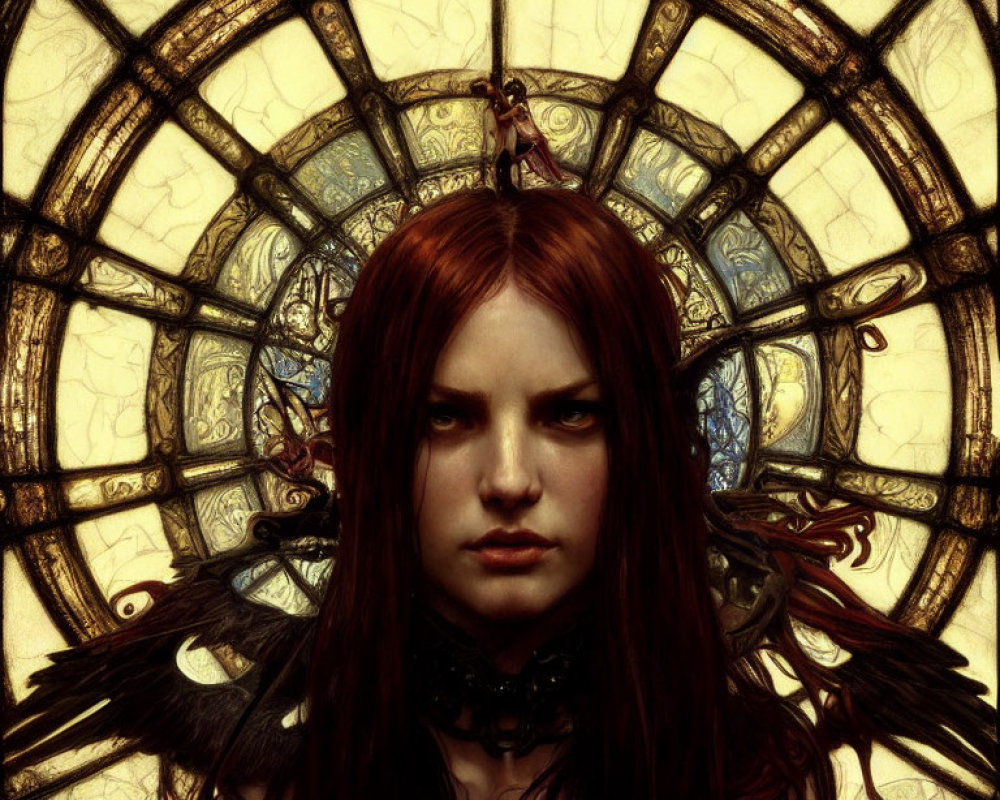 Red-haired woman with black wings in front of stained glass window