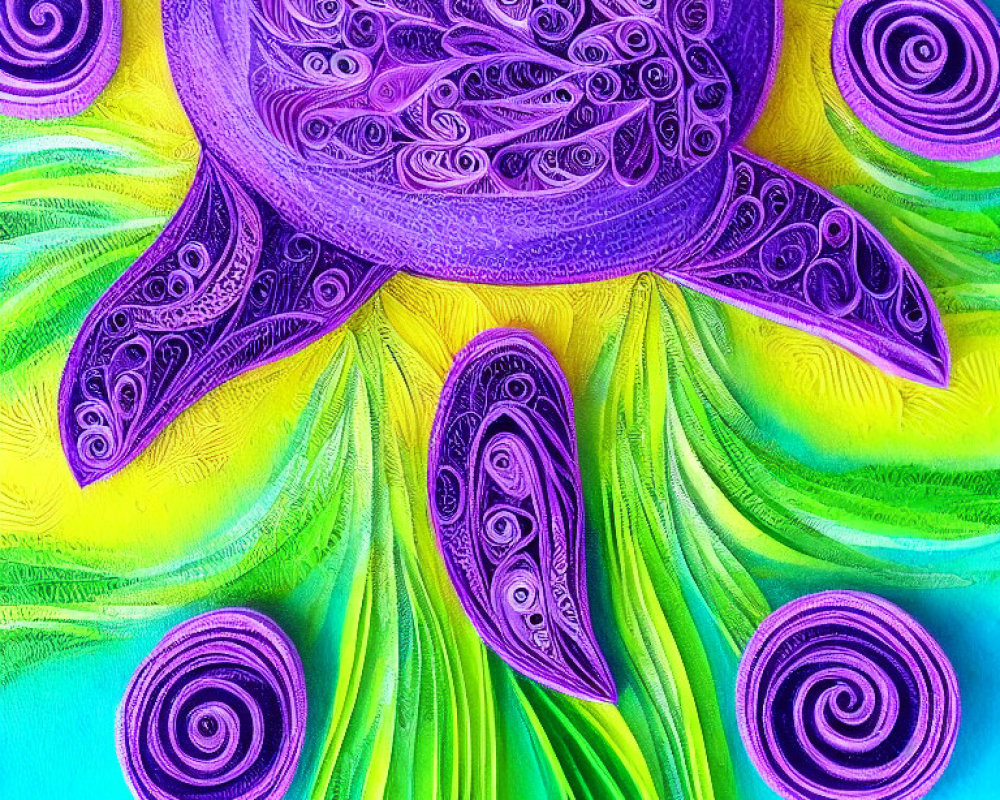 Colorful Paper Quilling Art: Purple Flower, Green Swirls on Blue & Yellow Gradient