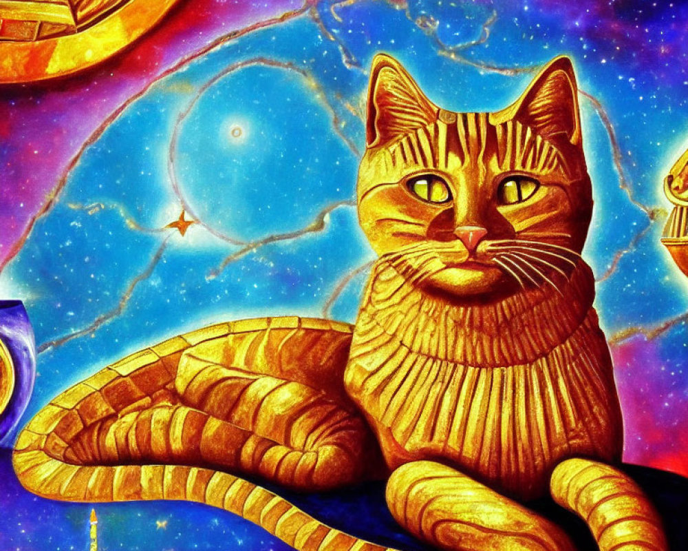 Colorful Stylized Cat Painting with Celestial Background
