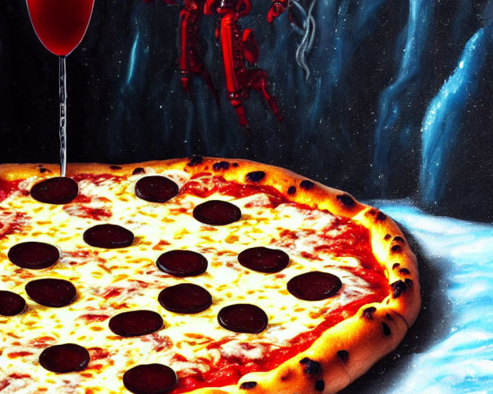Surreal image of floating pizza in space with robotic arm pouring liquid