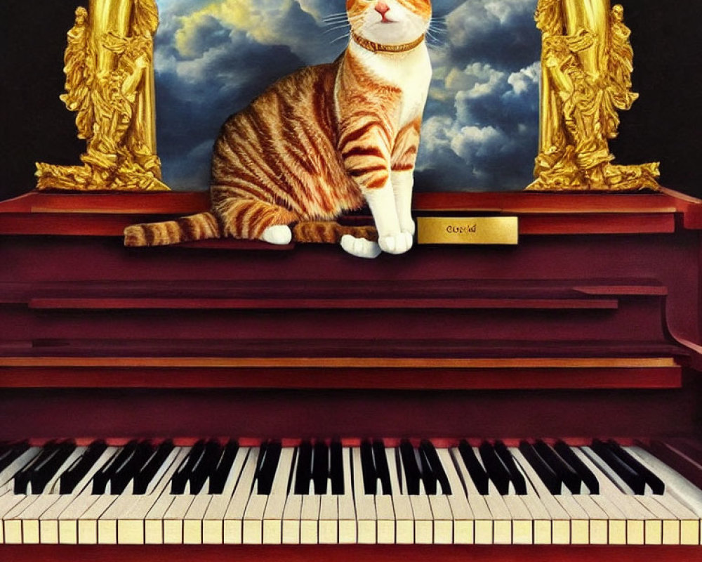 Orange Tabby Cat on Piano Keyboard with Moonlit Sky