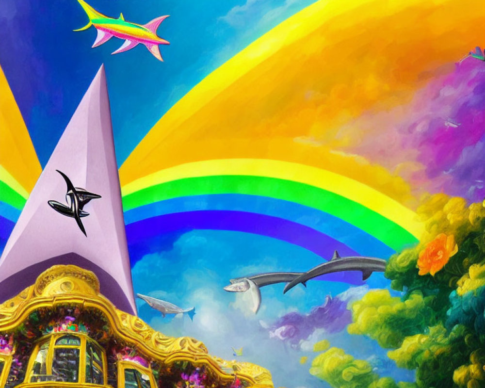 Colorful fish-shaped kites flying over ornate buildings with vibrant rainbows.