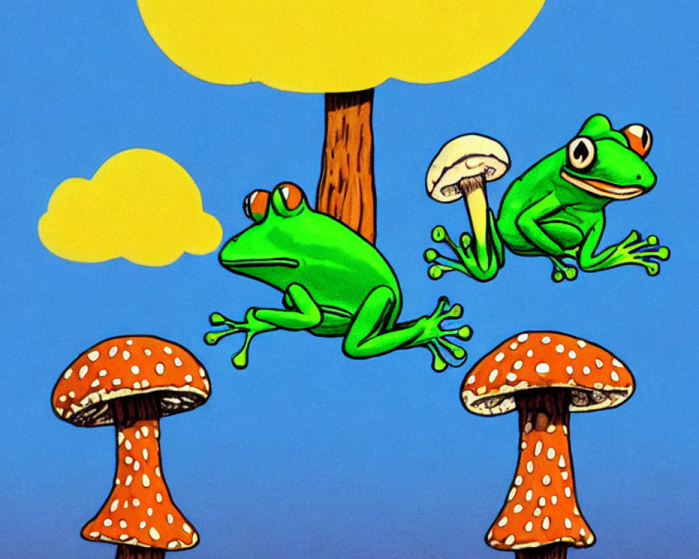 Vibrant green frogs on blue background with red eyes and mushrooms