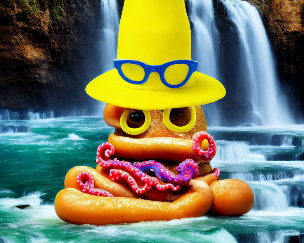Colorful hotdog characters with tentacles and hats by a waterfall
