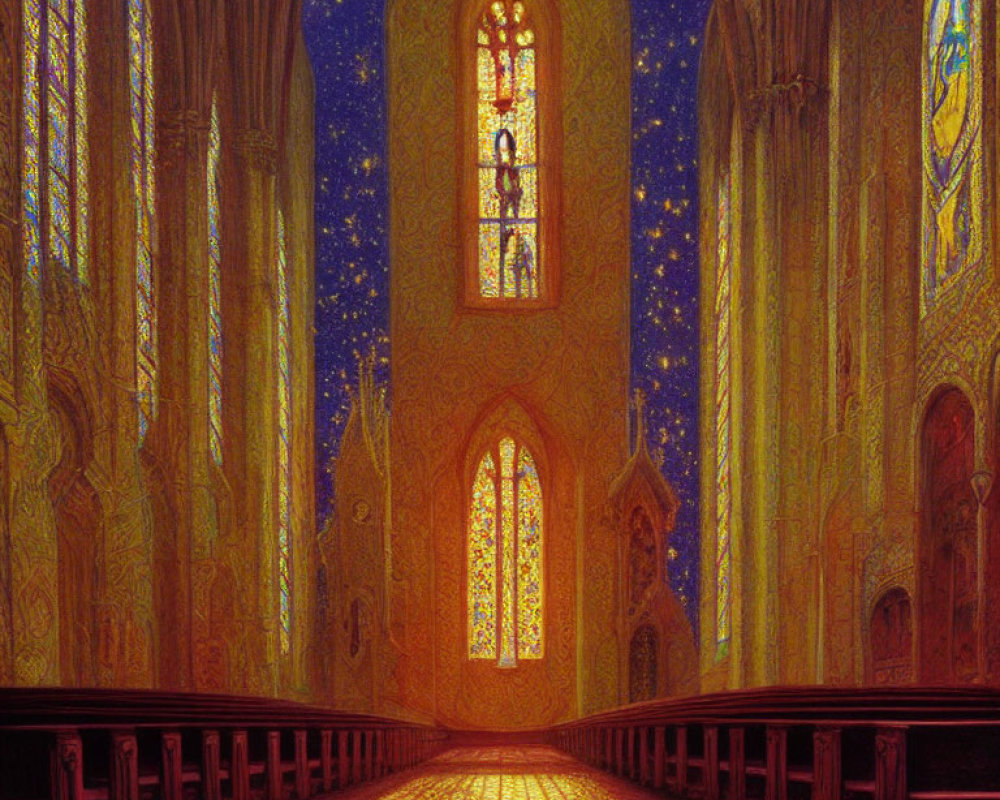 Gothic Church Interior with Tall Stained Glass Windows and Starry Sky Pattern