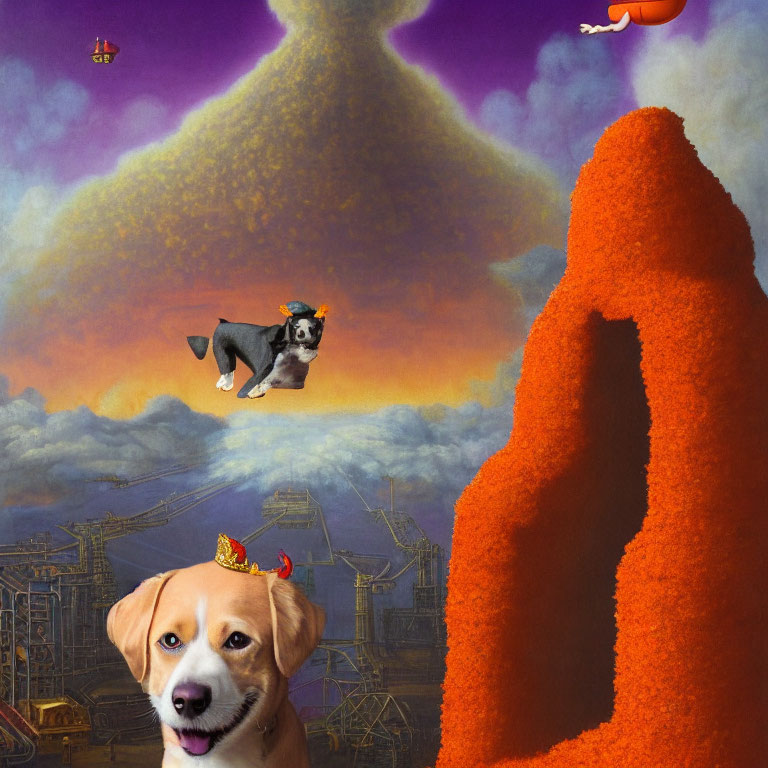 Surreal flying dog with goggles over cityscape and orange landforms