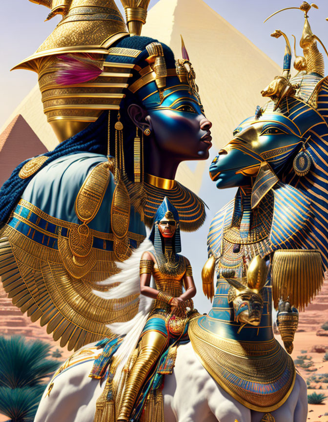 Stylized figures in ancient Egyptian royal attire by pyramids