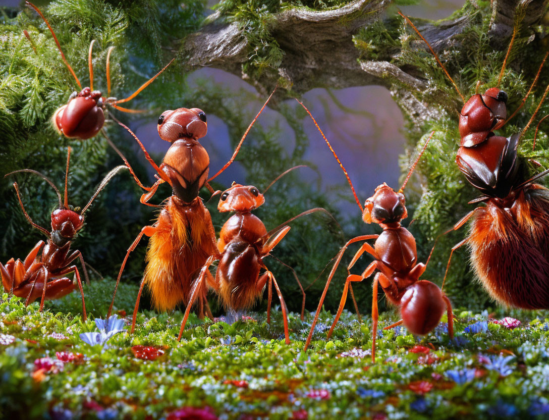 Colorful Miniature Forest Setting with Five Detailed Model Ants
