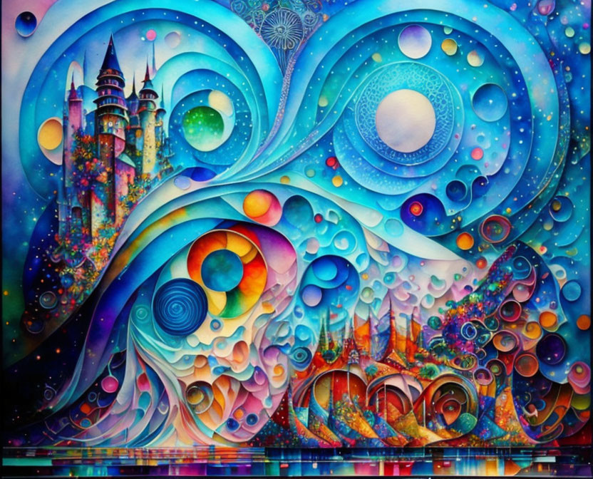 Colorful painting of castle with swirling patterns and orbs in blues, purples, and orange reflections