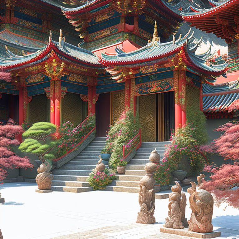 Traditional East Asian Temple with Red and Blue Architecture and Ornate Details
