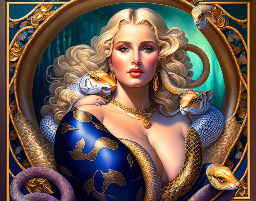 Stylized portrait of woman with pale skin, blonde hair, adorned in gold jewelry, blue dress
