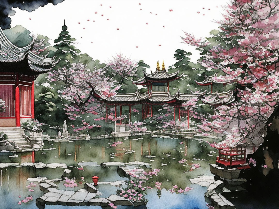 Asian Pavilion Surrounded by Cherry Blossoms and Pond