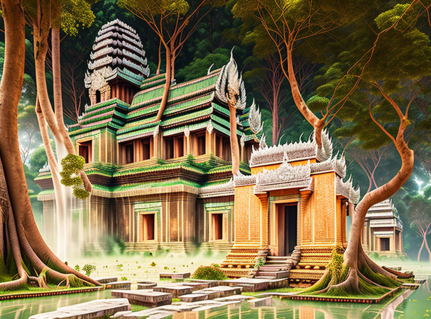 Traditional Asian temple in serene natural setting with misty waterfall