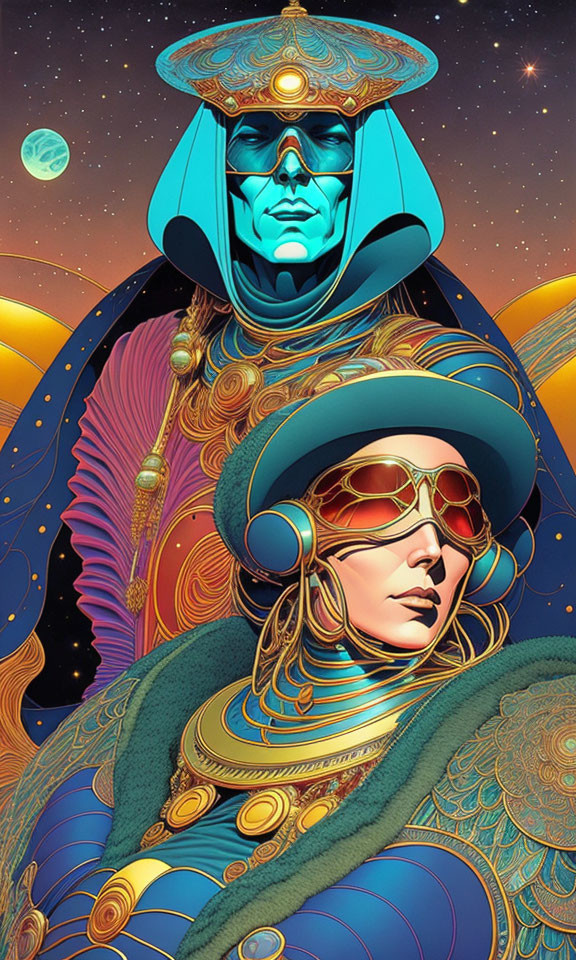 Vibrant futuristic figures with ornate helmets in cosmic space scene