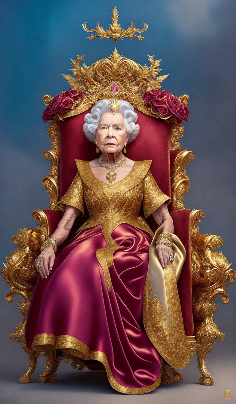 Elderly woman in regal attire on golden throne