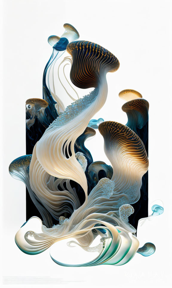 Abstract Jellyfish-like Forms in Iridescent Blues, Whites, and Golds
