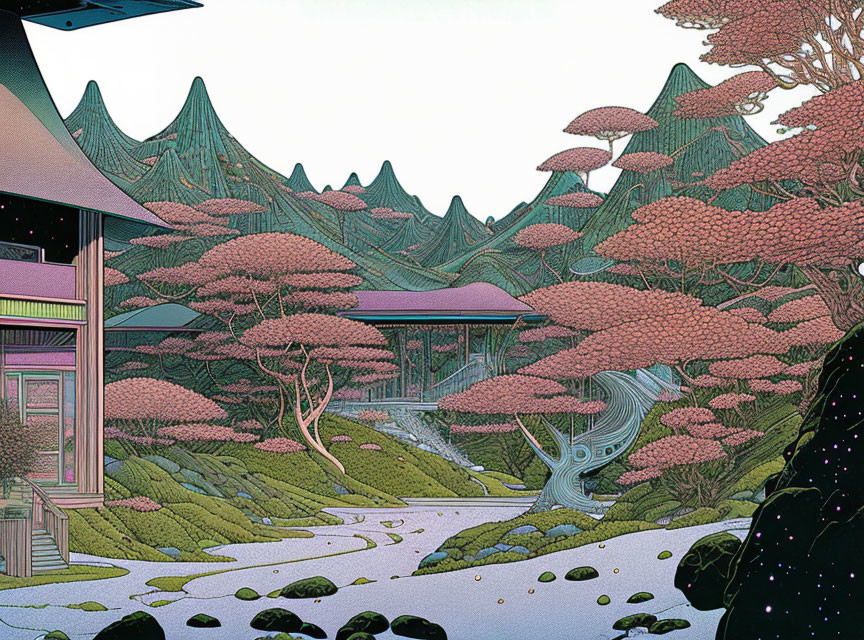 Colorful landscape painting with teal mountains, pink trees, traditional building, and stream