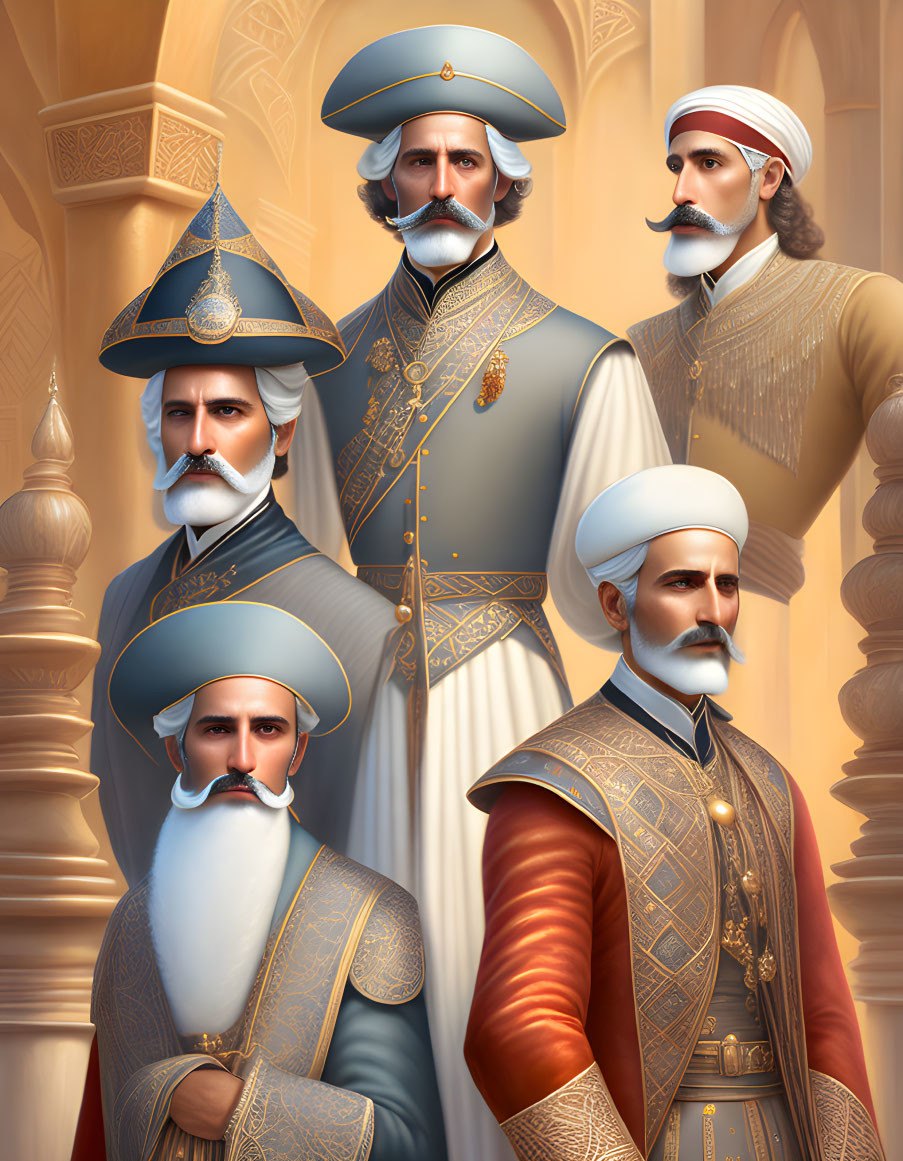 Historical Ottoman attire illustration of five men with decorative turbans and distinguished facial hair against architectural backdrop.