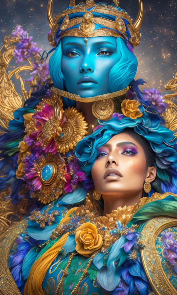 Ethereal women in luxurious blue and gold attire with ornate details