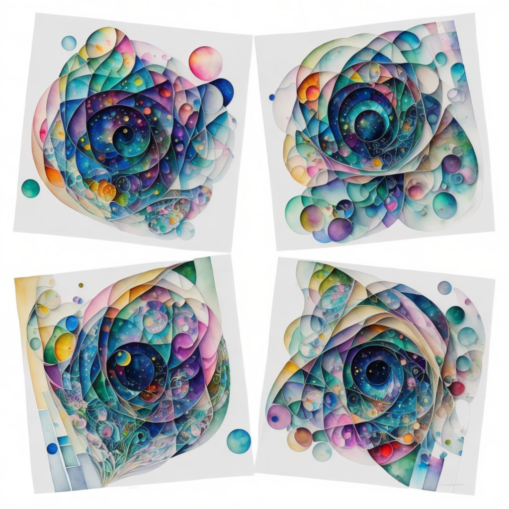 Colorful Abstract Art: Four Quadrants with Circular Patterns & Swirling Designs