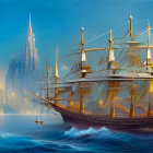 Golden ornate ships approach city with towering spires under blue sky