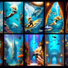 Fantasy underwater world with blonde female and aquatic creatures