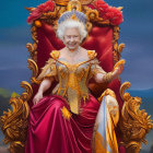 Elderly woman in regal attire on golden throne
