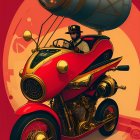 Futuristic steampunk-style motorcycle with golden details on red-orange background