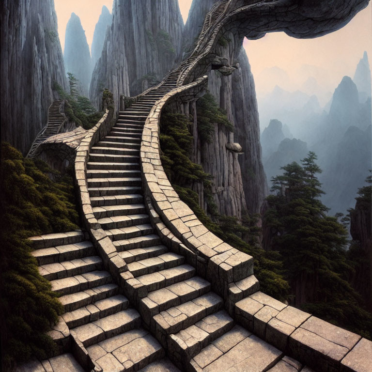 Stone Staircase Ascending Mountain Landscape with Arch Bridge