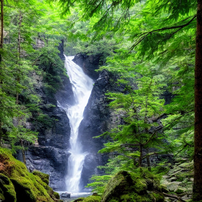 Scenic waterfall in rocky gorge surrounded by lush green foliage