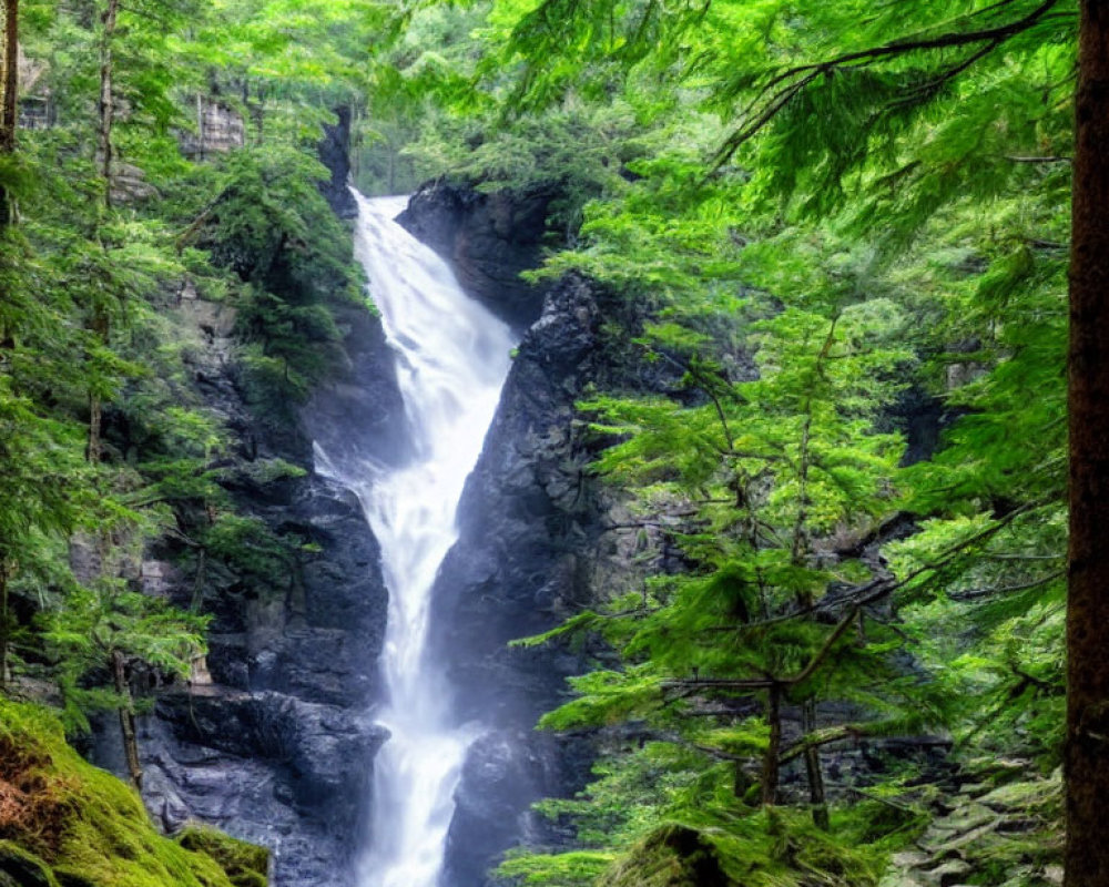 Scenic waterfall in rocky gorge surrounded by lush green foliage