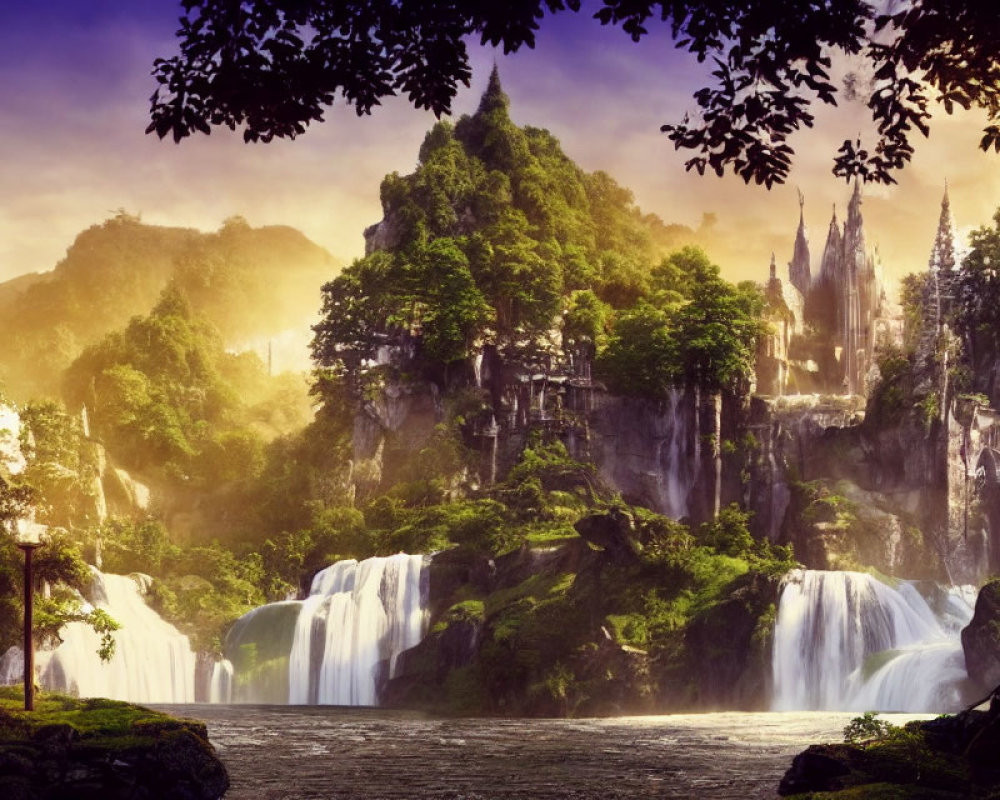 Majestic castle on lush cliff with waterfalls at sunset