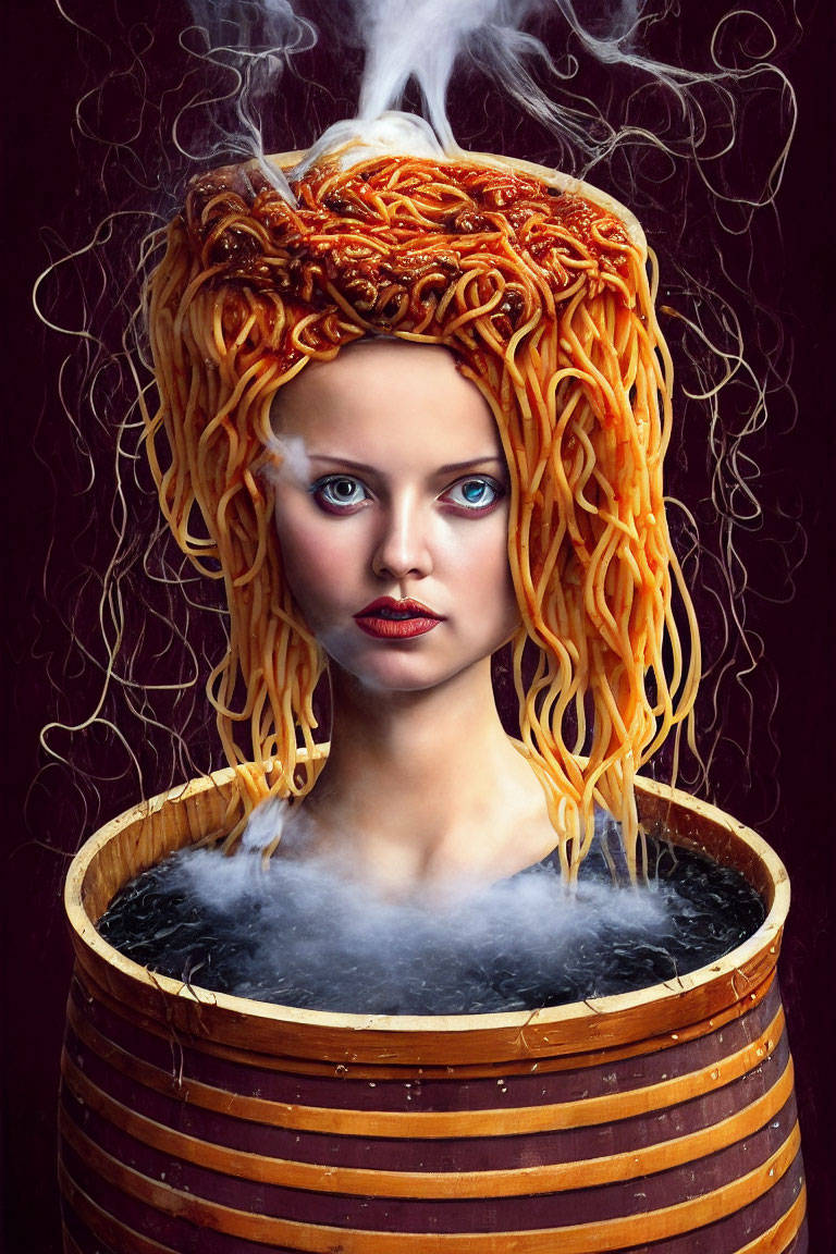 Surreal portrait: woman with ramen noodle hair in wooden bowl