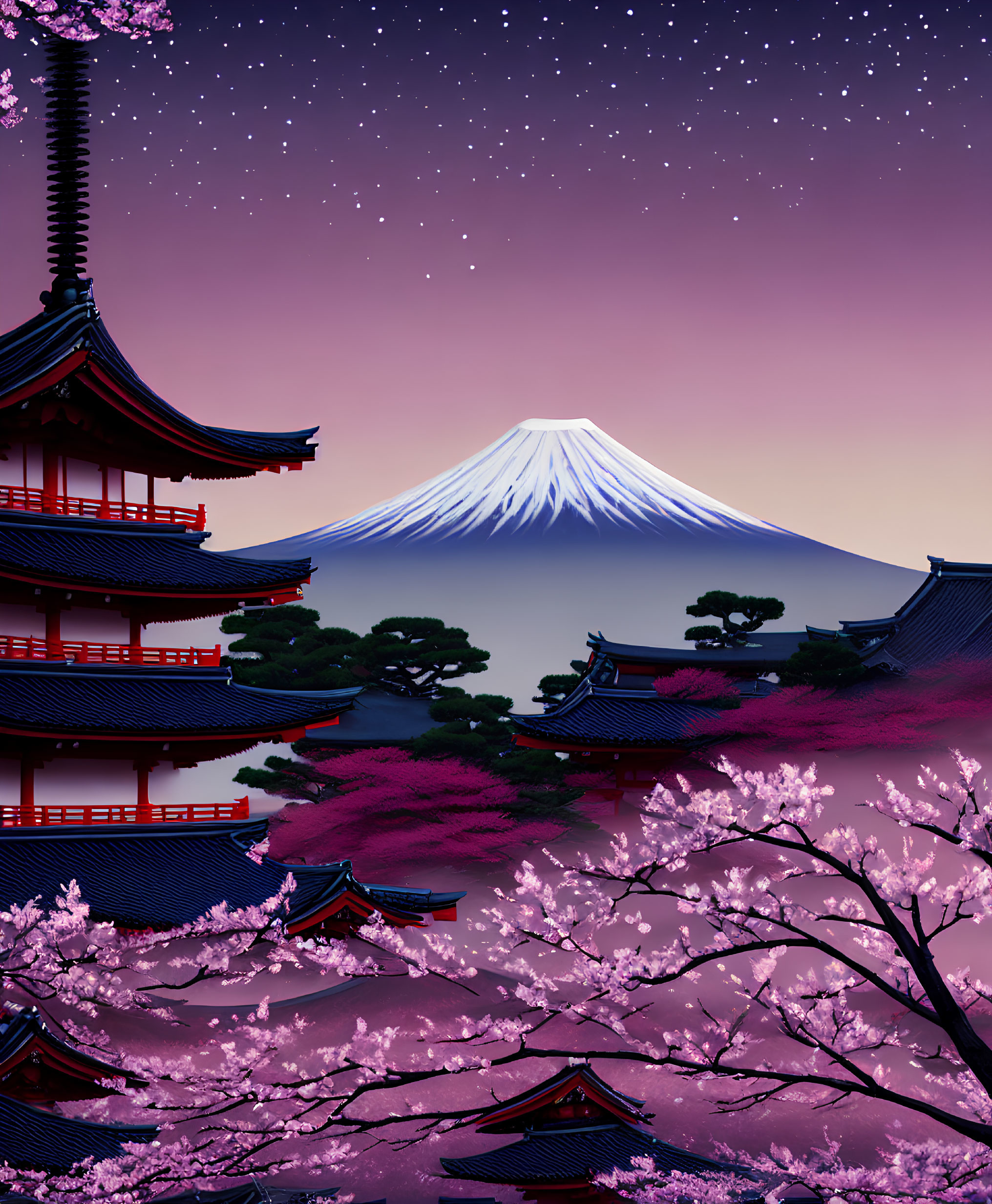 Traditional Japanese Pagoda with Cherry Blossoms, Mount Fuji, and Starry Night Sky