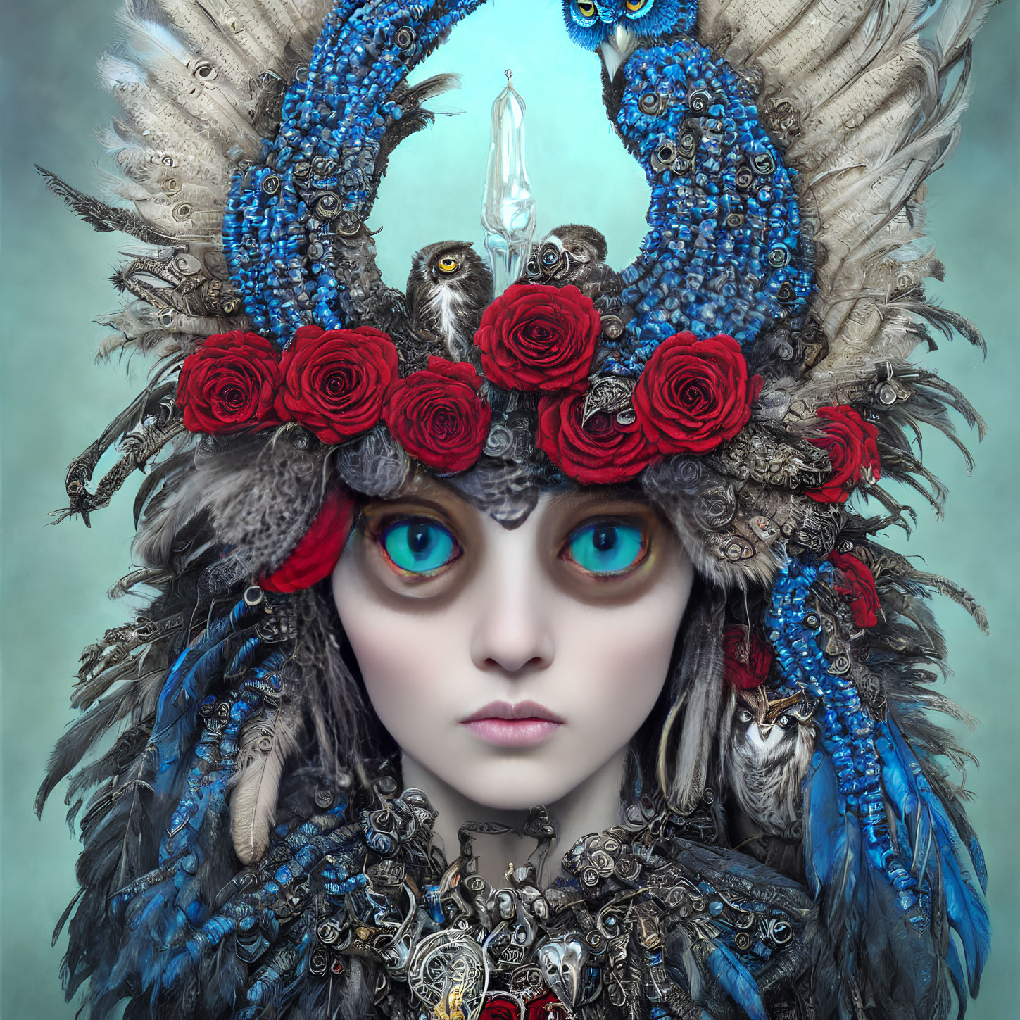 Portrait of person with blue eyes in elaborate peacock feather headdress