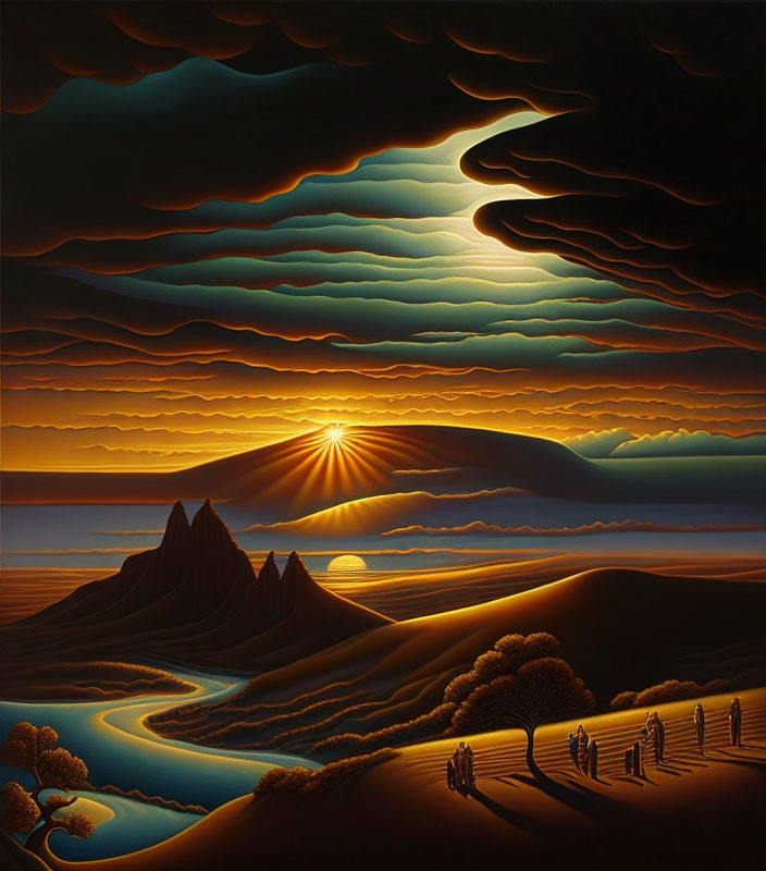 Surreal landscape with layered clouds, setting sun, undulating hills, river, figures, and