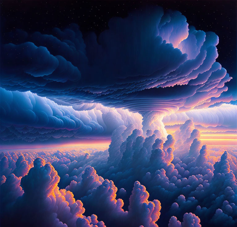 Surreal artwork: Vibrant cloudscape in blue and purple
