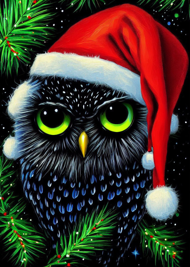 Colorful Owl in Santa Hat Surrounded by Pine Branches on Starry Night