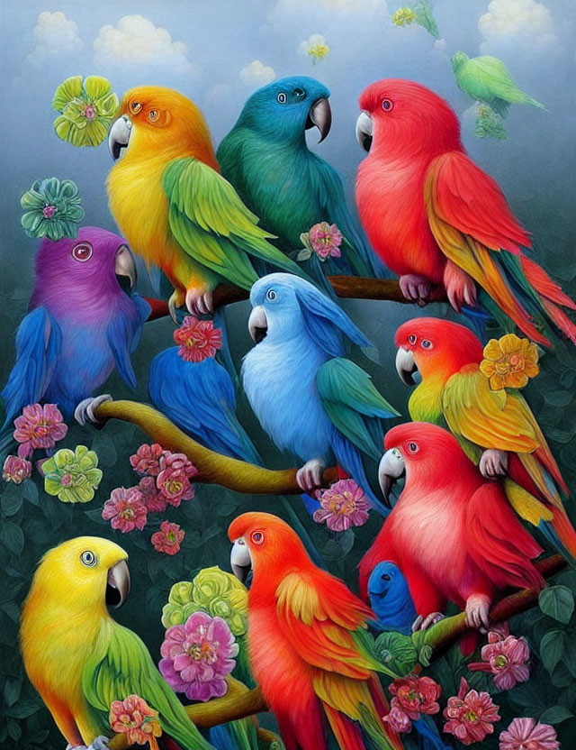 Vibrant Parrots on Branches with Bright Plumage in Lush Setting