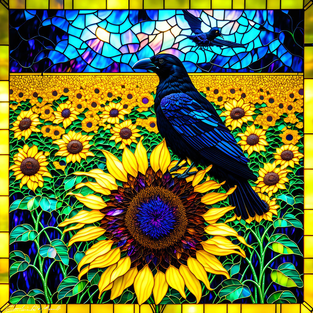 Crow in a Sunflower Field 