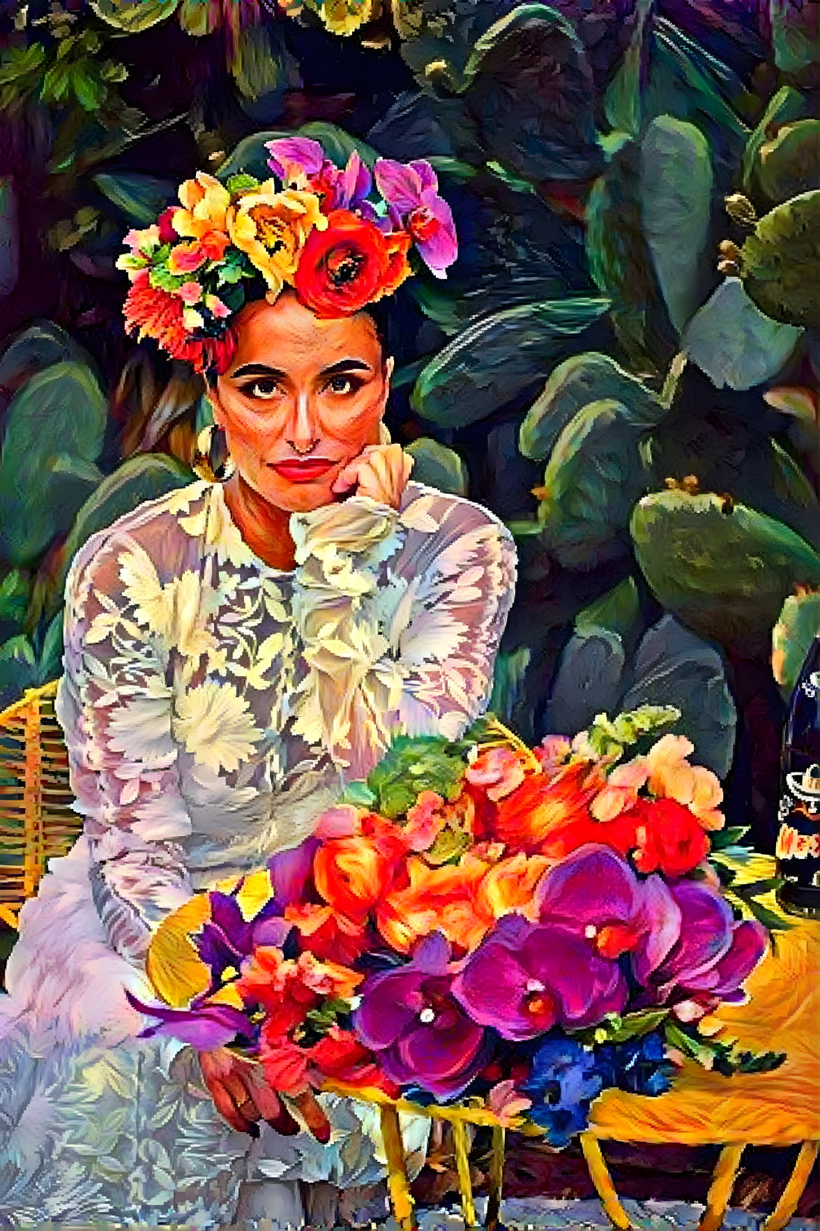 señora con cactus y flores