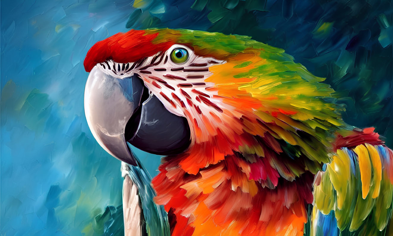 Detailed digital painting of a colorful macaw's eye and feathers on blue background